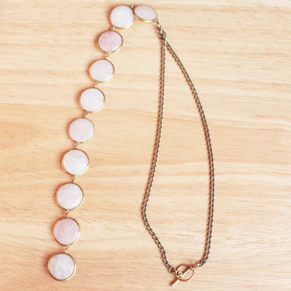 Rose Quartz Real Stone Disc Bead Gold Tone Long Pendant Boho Bohemian Necklace